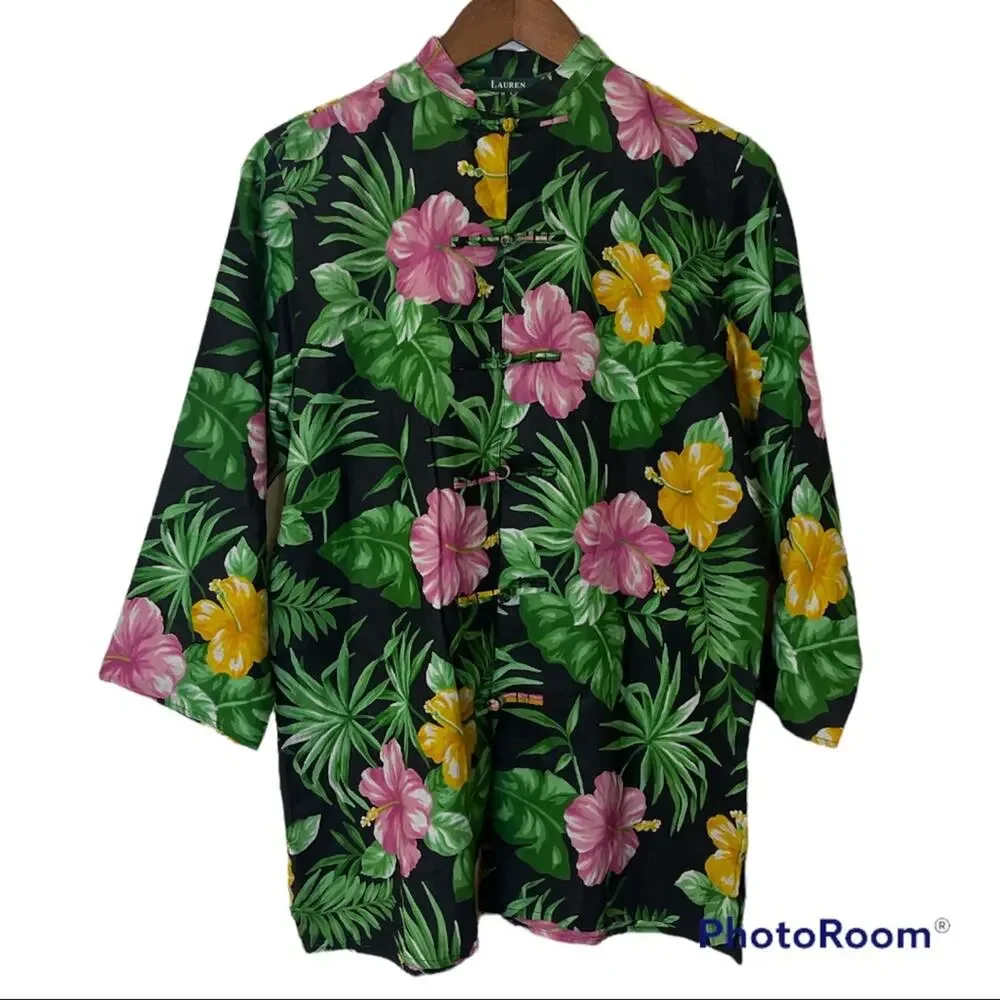 Lauren Ralph Lauren 100% Linen Tropical Sleeveless Frog Button Shirt Size Small - Picture 1 of 6